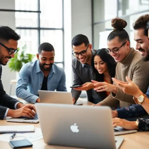 Group of professionals working on digital marketing in an office.