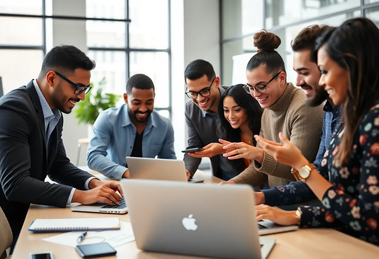 Group of professionals working on digital marketing in an office.