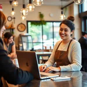 Small business owner using email marketing software in a café.