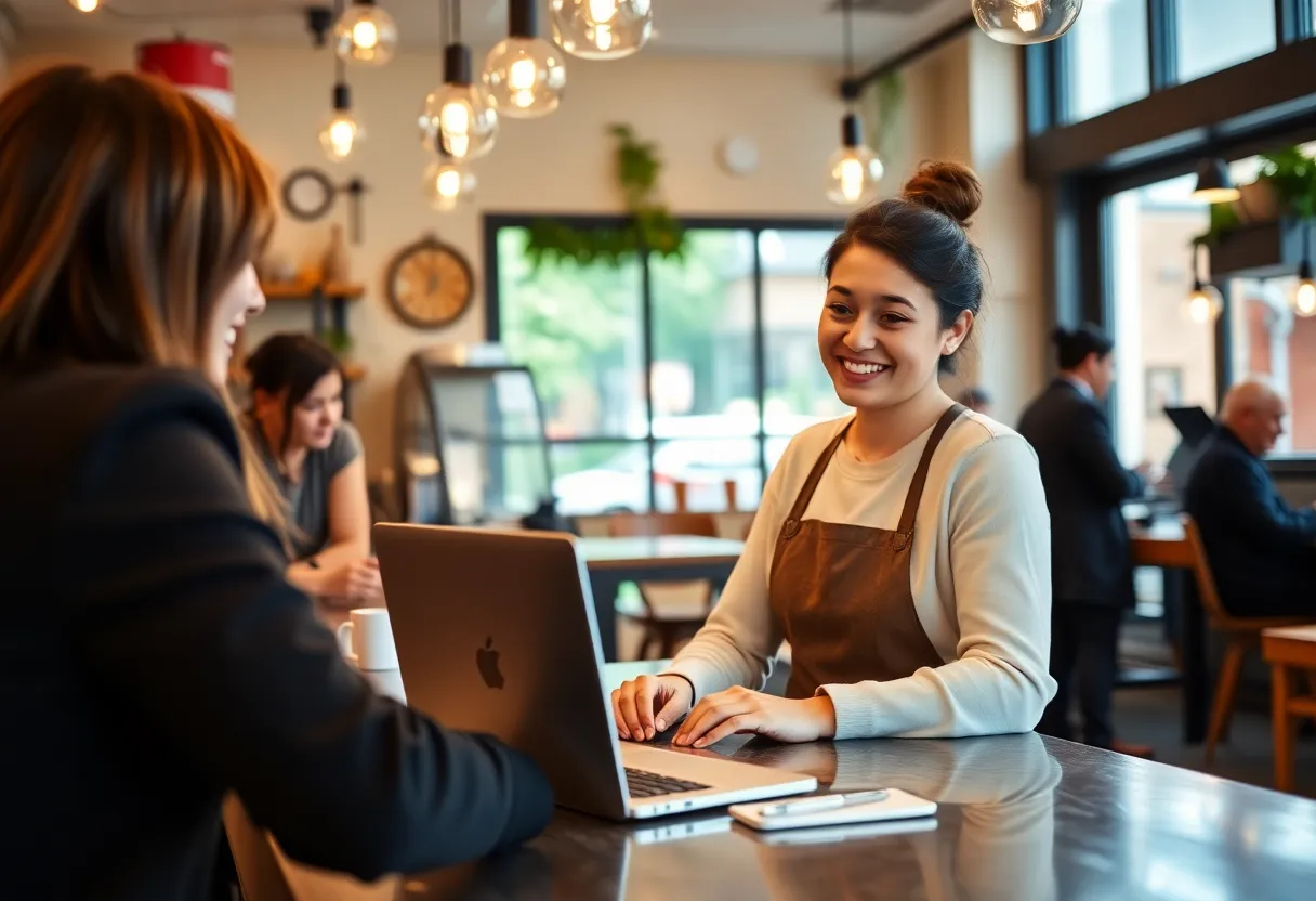 Small business owner using email marketing software in a café.