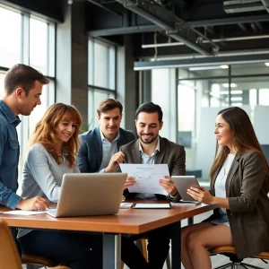 A marketing team discussing strategies in a modern office.