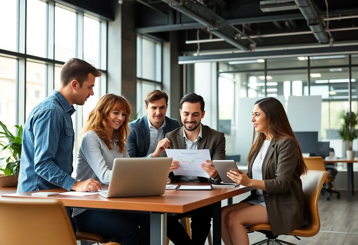 A marketing team discussing strategies in a modern office.