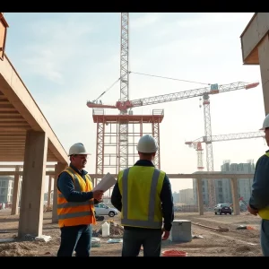 Engineers working on post-installed structural connections at a construction site.