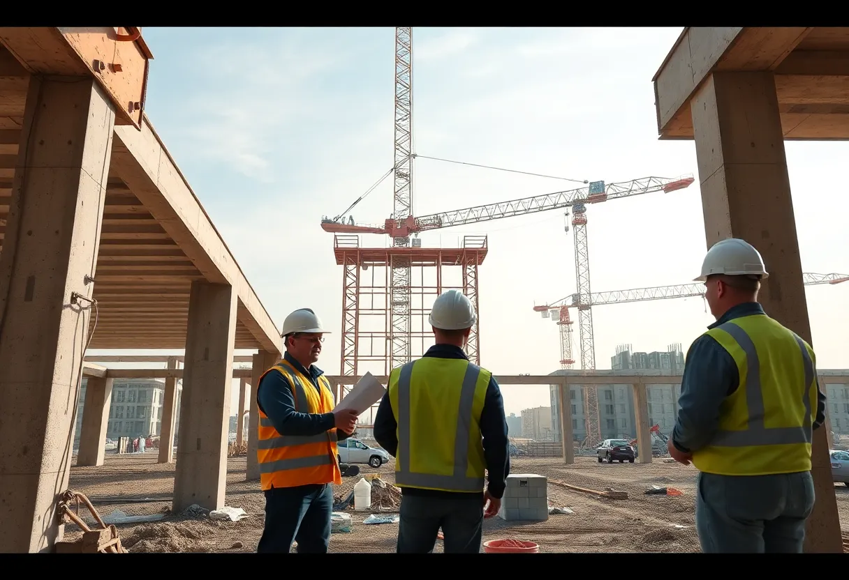 Engineers working on post-installed structural connections at a construction site.