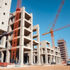 Precast concrete connections being assembled at a construction site.