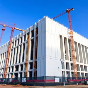 Overview of Raleigh City Hall construction site with precast concrete panels.