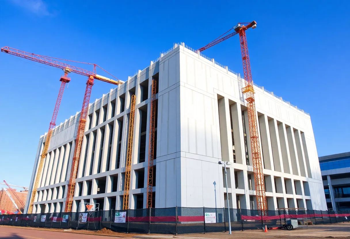 Overview of Raleigh City Hall construction site with precast concrete panels.