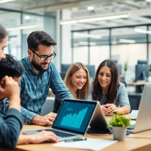 A team collaborating on a scalable digital marketing strategy in an office.