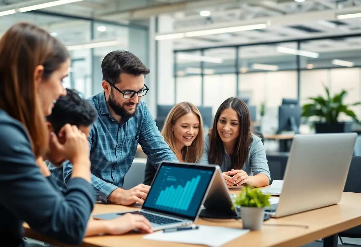 A team collaborating on a scalable digital marketing strategy in an office.