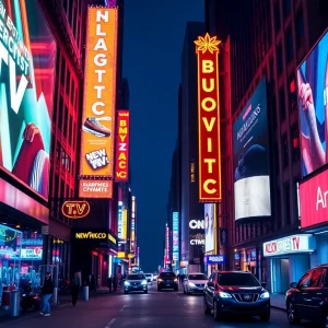 Neon-lit street in San Francisco with TV advertising billboards for new brands.