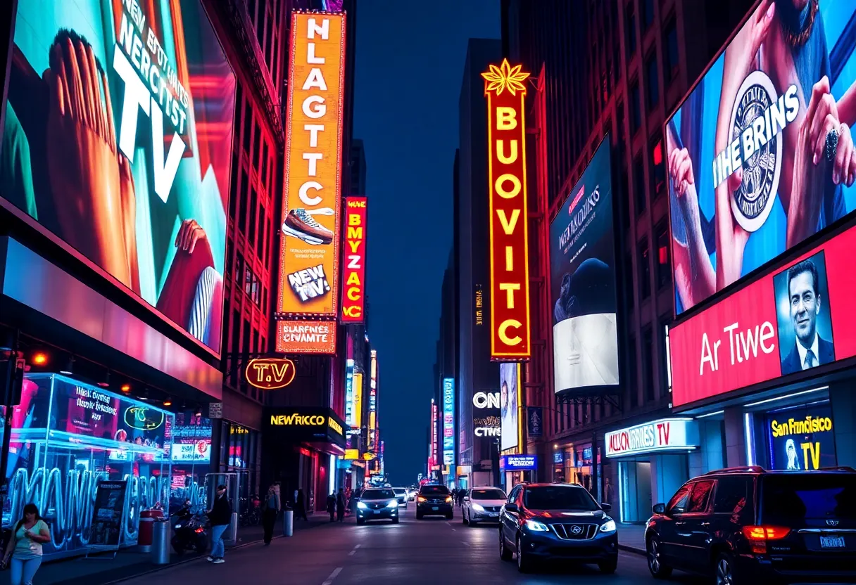 Neon-lit street in San Francisco with TV advertising billboards for new brands.