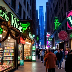 New York City street filled with Wicked-themed products and promotional displays.