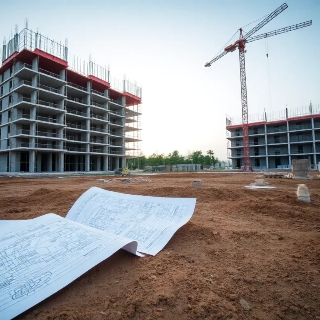 Construction site with halted progress and open blueprints.