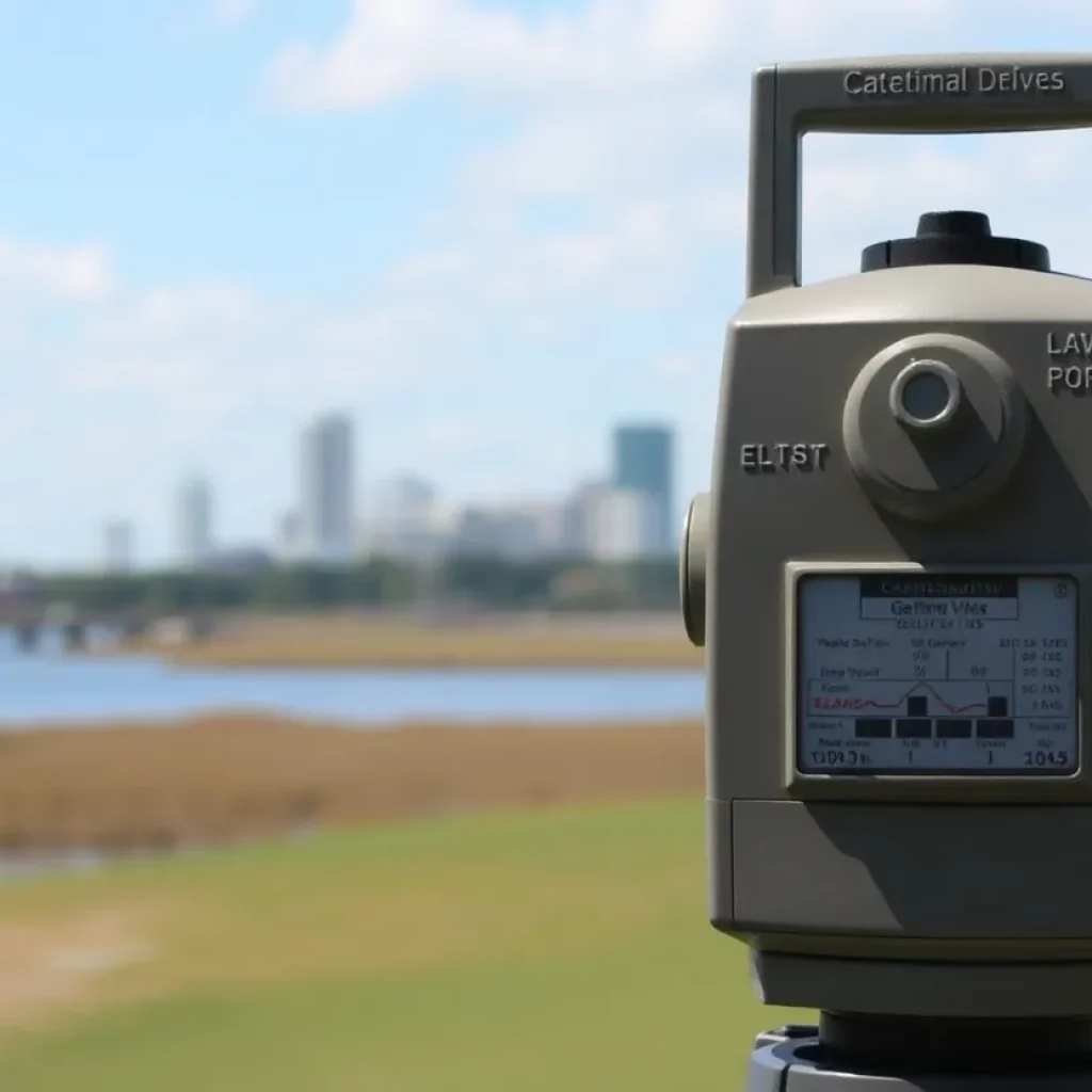 Seismograph reading with Charleston skyline in the background.