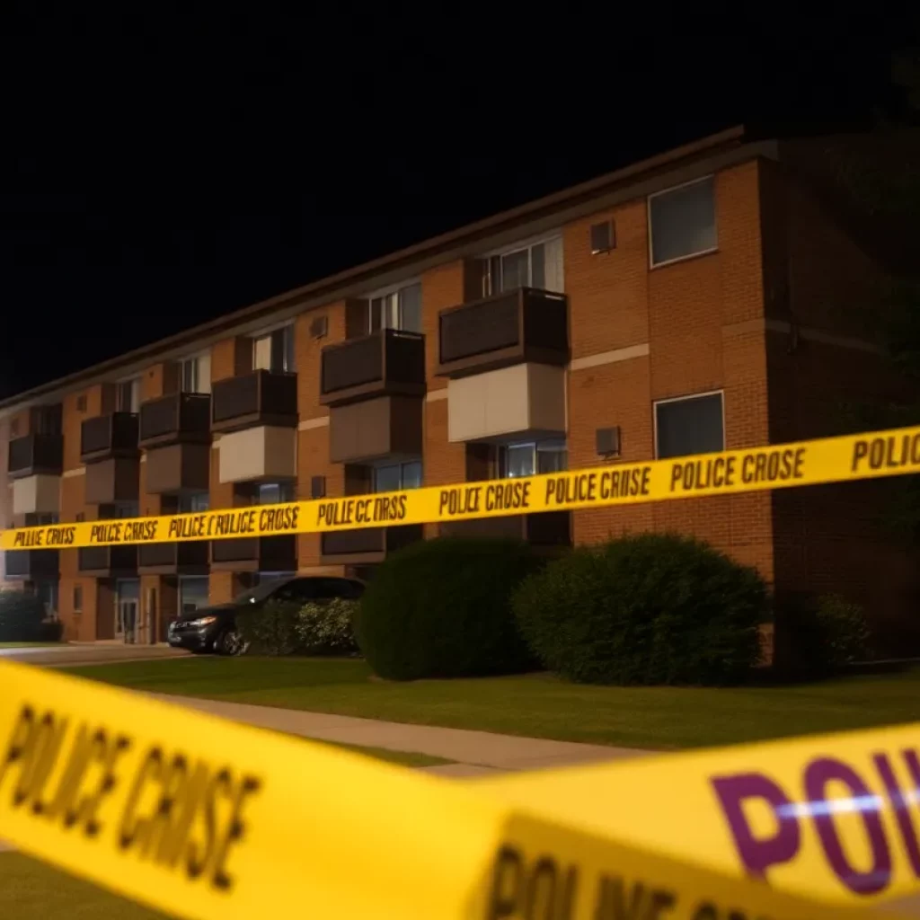 Police tape surrounding an apartment complex at night.