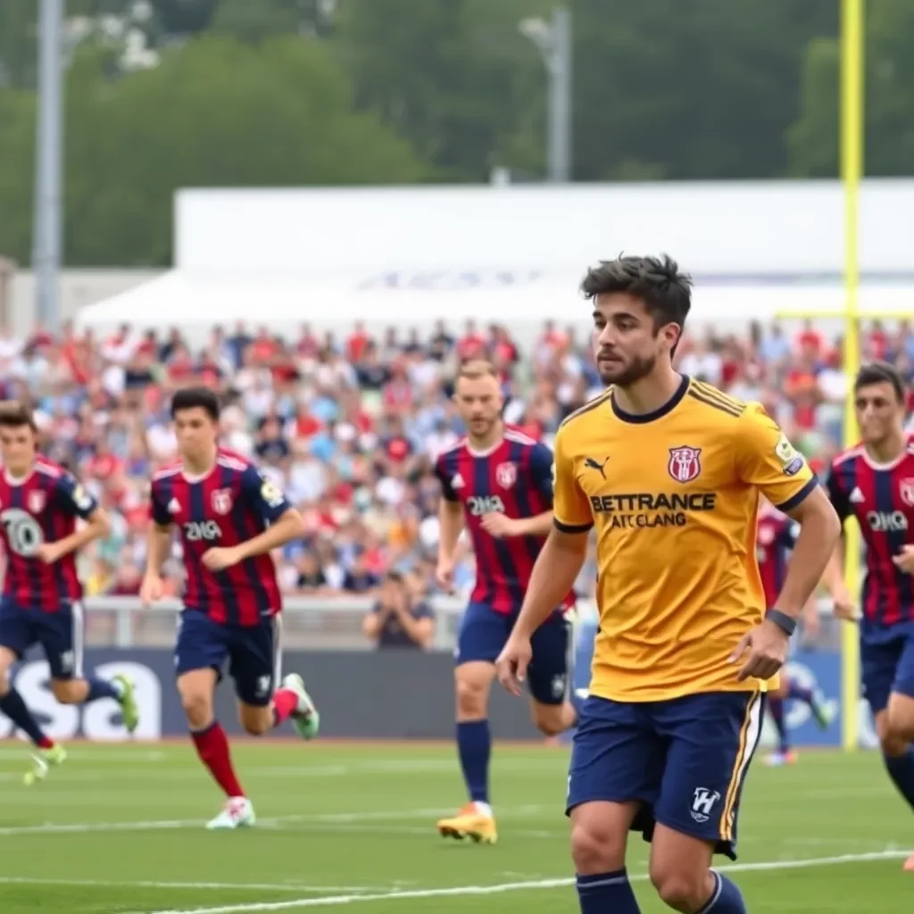 Dynamic sports field with players in action jerseys.