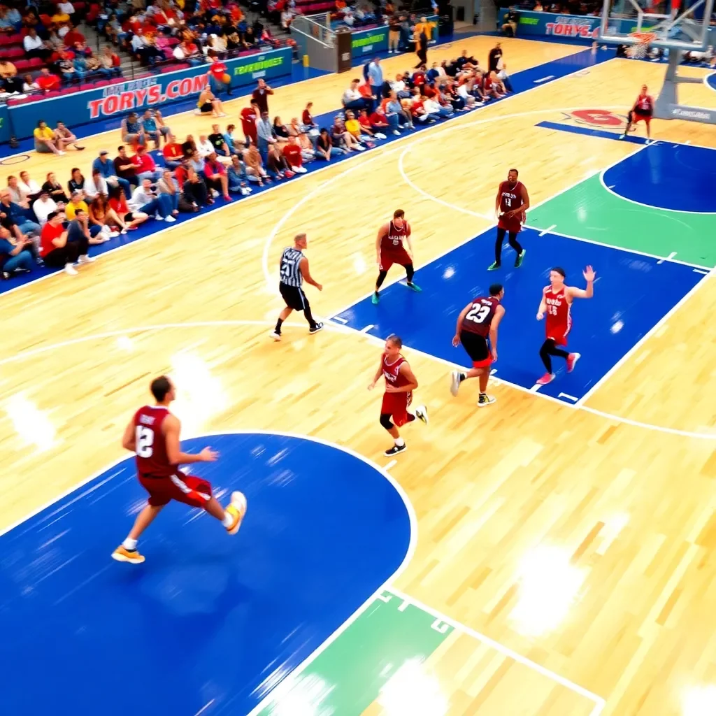 Dynamic basketball court action with vibrant team colors.