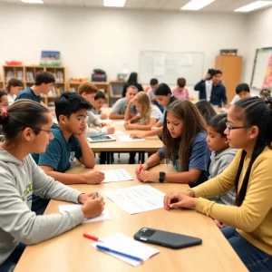 Classroom filled with engaged students collaborating on projects.