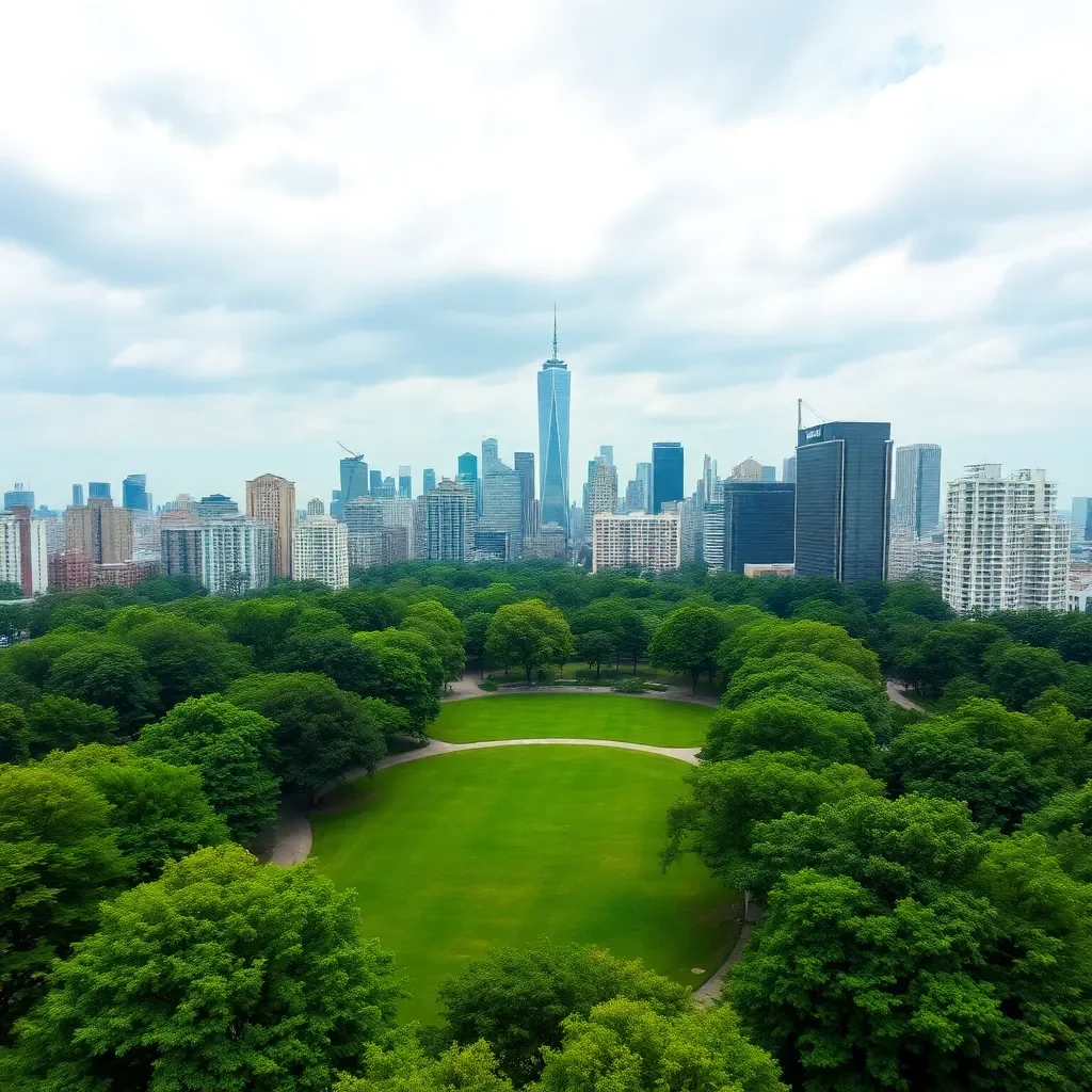 Lush green park amidst bustling city skyline.