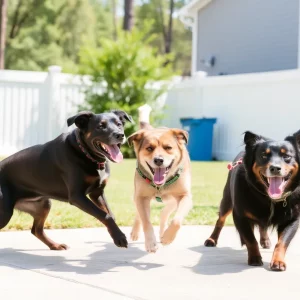 Happy dogs playing in a sunny South Carolina backyard.