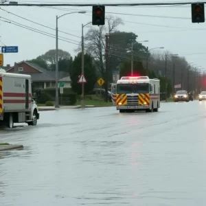 Flooded streets with emergency response vehicles and signage.