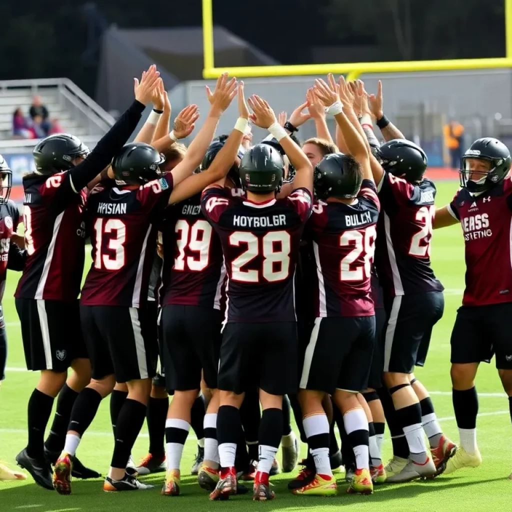 Football team celebrating victory on the field.