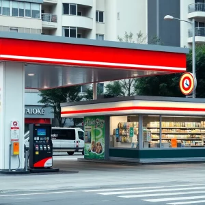 Gas station with convenience store in urban setting.