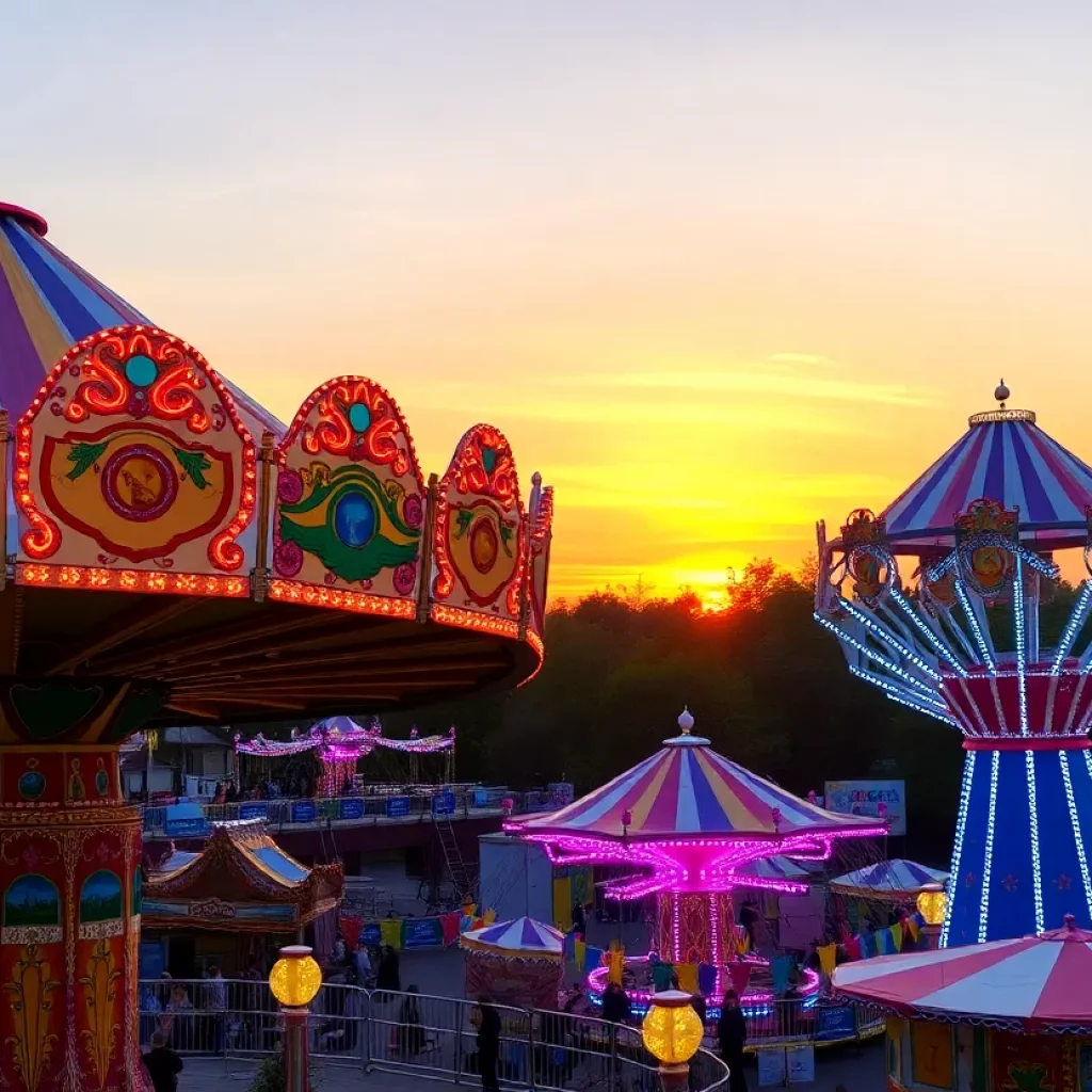 Colorful carnival rides with festive decorations at sunset.