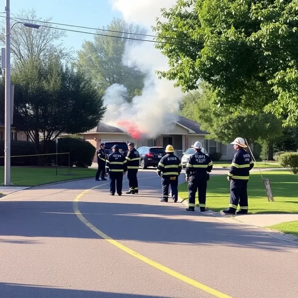 Emergency responders at a serene suburban fire scene.