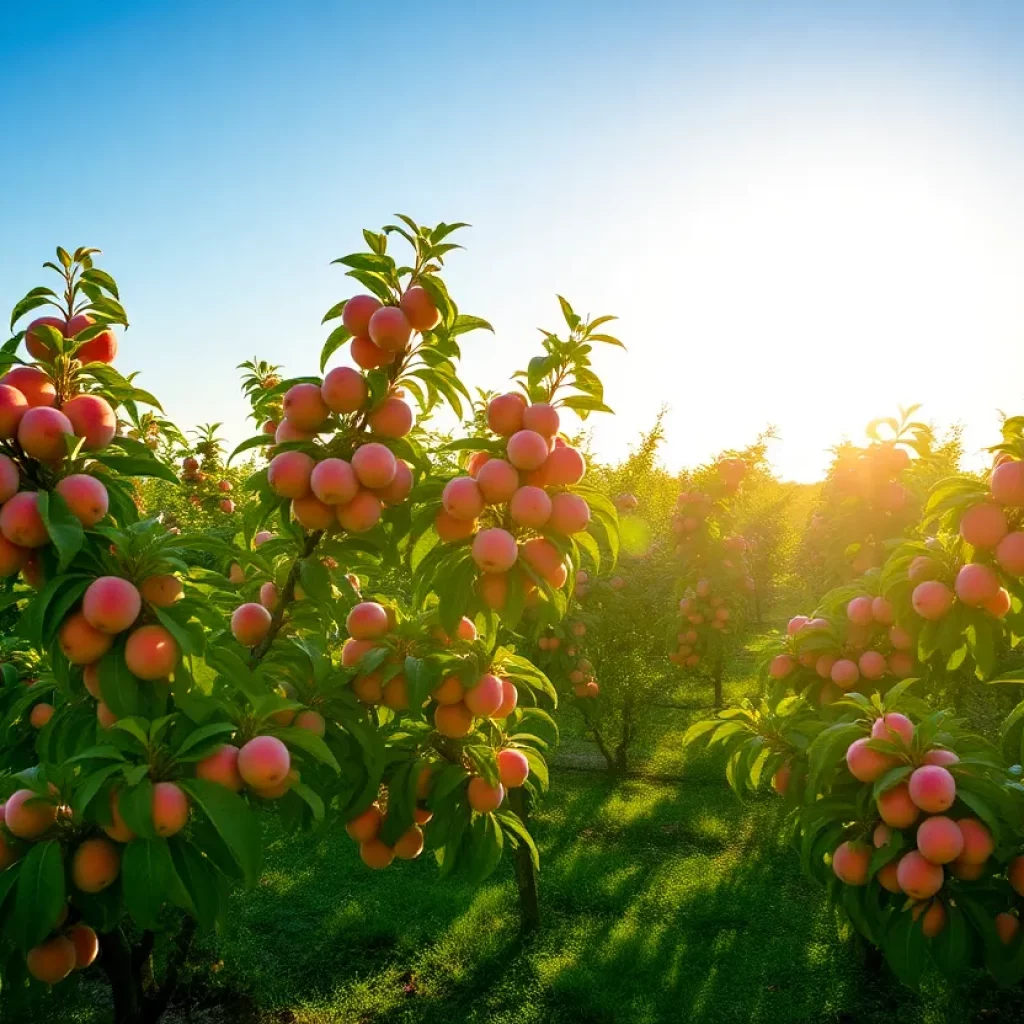 Vibrant peach orchard thriving under sunny skies.