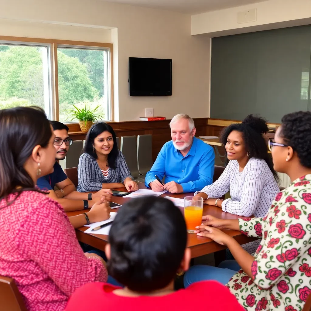 Community meeting with diverse groups sharing ideas.