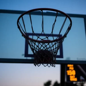 Basketball hoop with empty net and muted scoreboard.