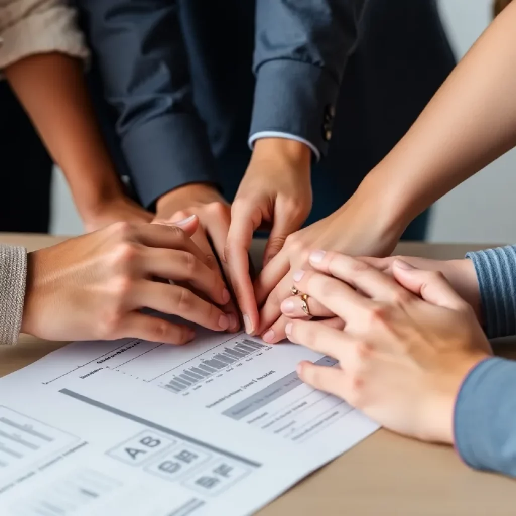 Diverse hands joining together over a job application.