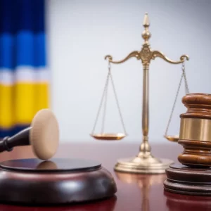 Gavel and scales of justice on a courtroom table.