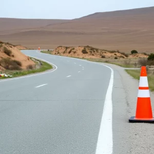 Desolate road with floral memorial and traffic cones.