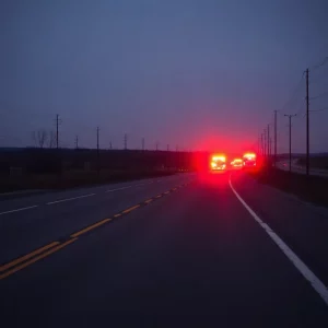 Desolate roadway marked with emergency response lights.