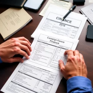 Campaign finance documents on a desk with concerned hands.