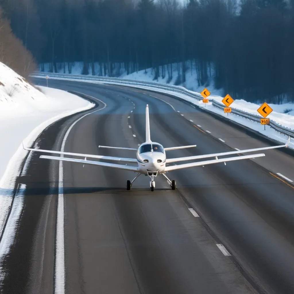 Small plane on snowy highway with caution signs.