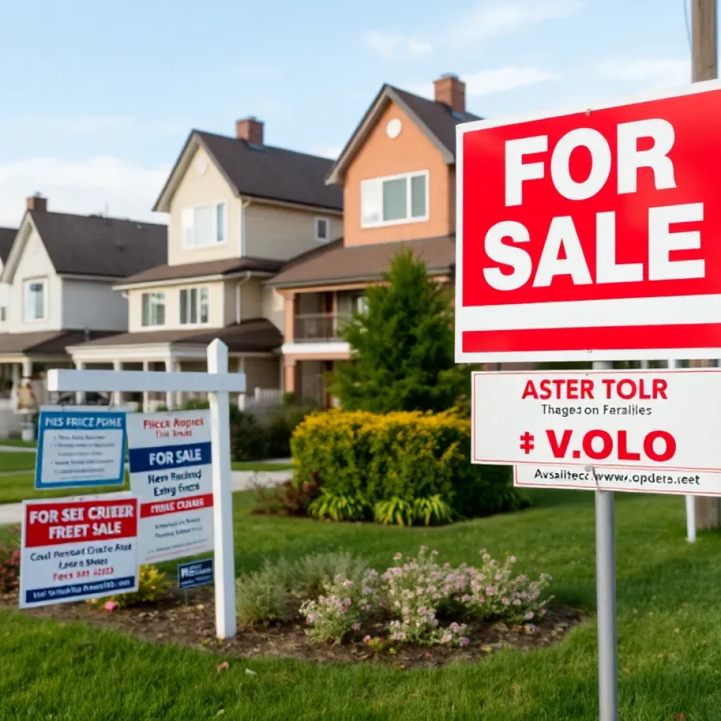 A vibrant neighborhood with "For Sale" signs and job listings.