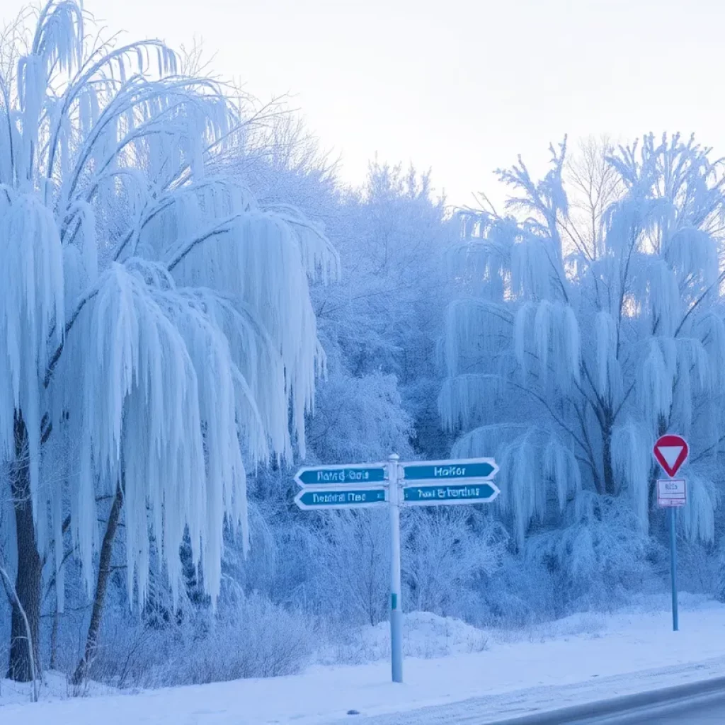 Frozen landscape with icy trees and street signs.