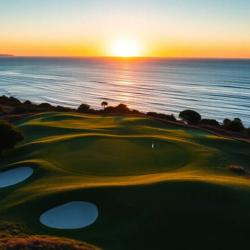 Stunning golf course landscape at sunrise with ocean backdrop