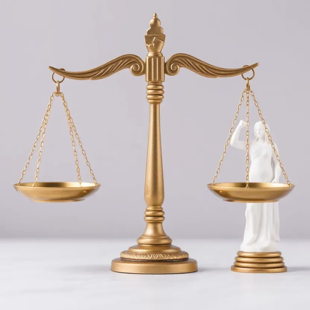 Scales of justice balancing law and mercy symbols.