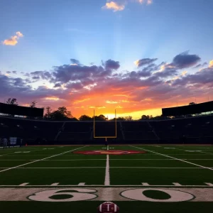 A serene football field at sunset, honoring a legacy.