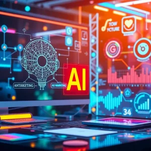 Futuristic marketing scene with AI tools