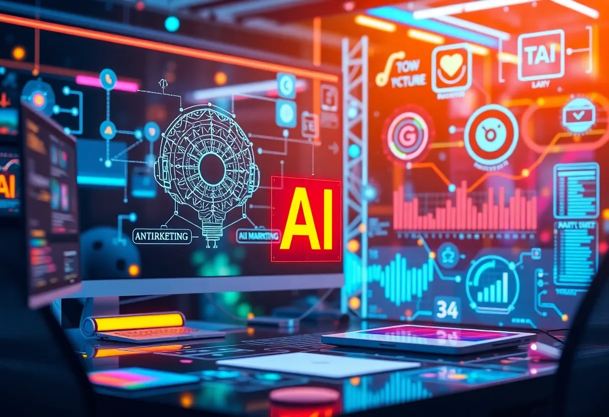 Futuristic marketing scene with AI tools