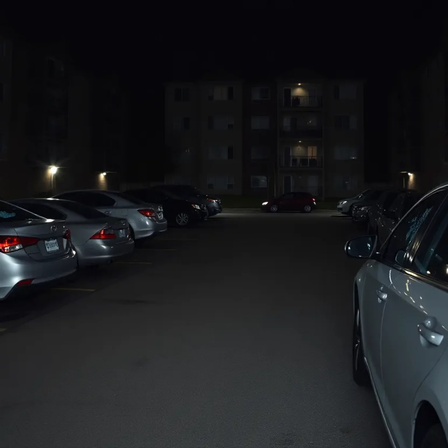 A dark apartment parking lot showing signs of vehicle break-ins.