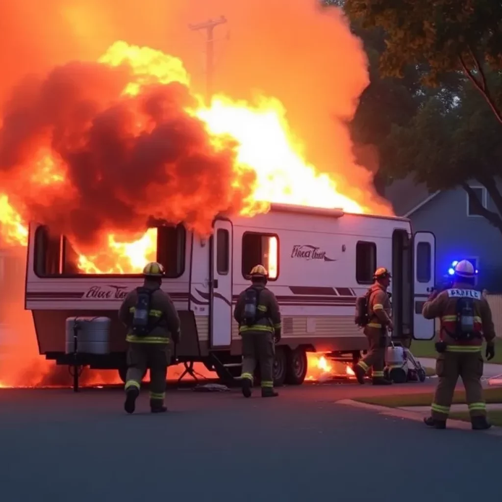 Firefighters battling a camper trailer fire in Bluffton