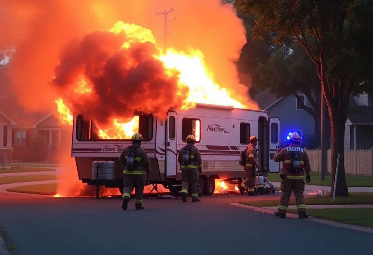 Firefighters battling a camper trailer fire in Bluffton