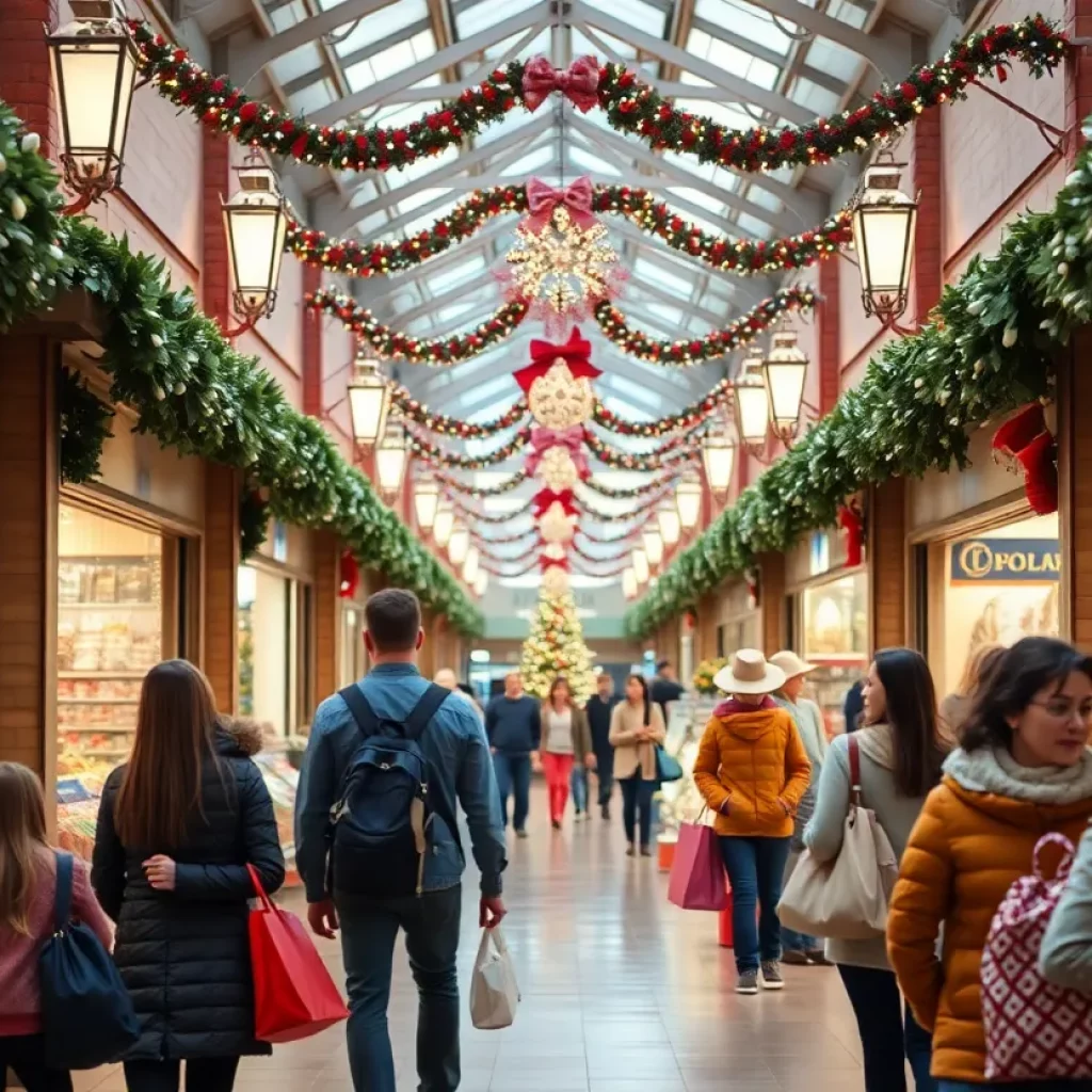 Families shopping at Tanger Outlets with holiday decorations