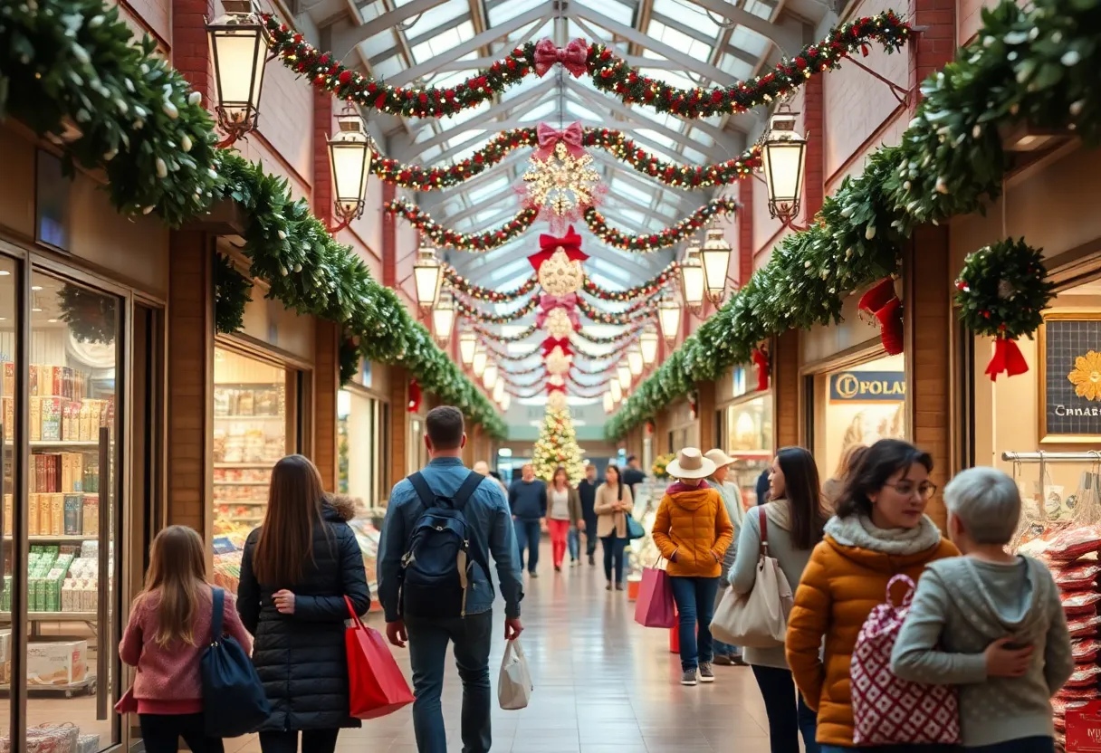 Families shopping at Tanger Outlets with holiday decorations